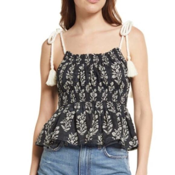 Moon River Floral Tie Strap Cotton Peplum Top in Black Multi Combo Size M - Picture 1 of 8